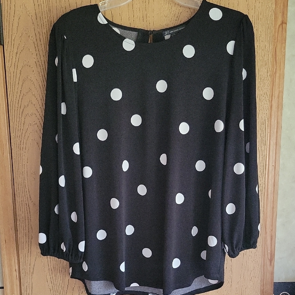 Adrianna Papell Black and White Polka Dot Long Sleeve Blouse